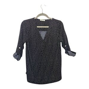 Beacon Black White Polka Dot Split Neck Blouse Roll Tab Sleeves Small